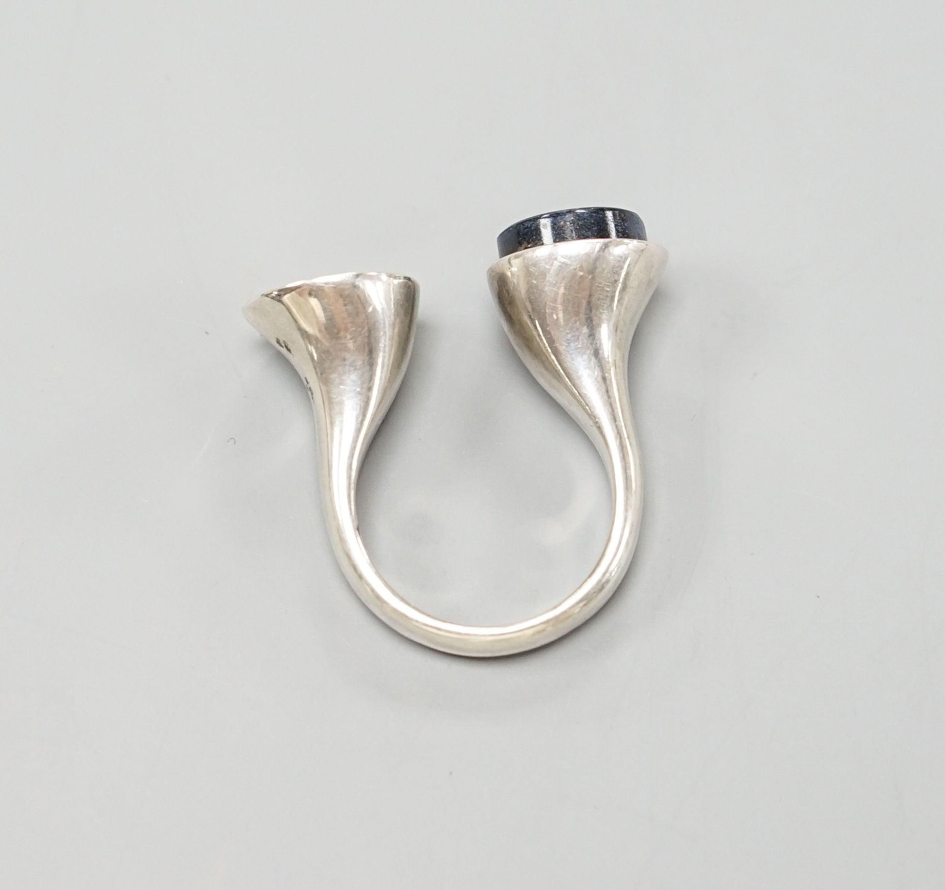 A Bert Gabrielsen for Georg Jensen sterling and spectrolite set open ring, size N.